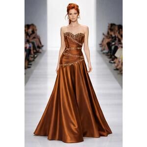 Copper Satin Strapless Evening Gown Beaded Bodice Lace-Up Back Formal Prom sz 4